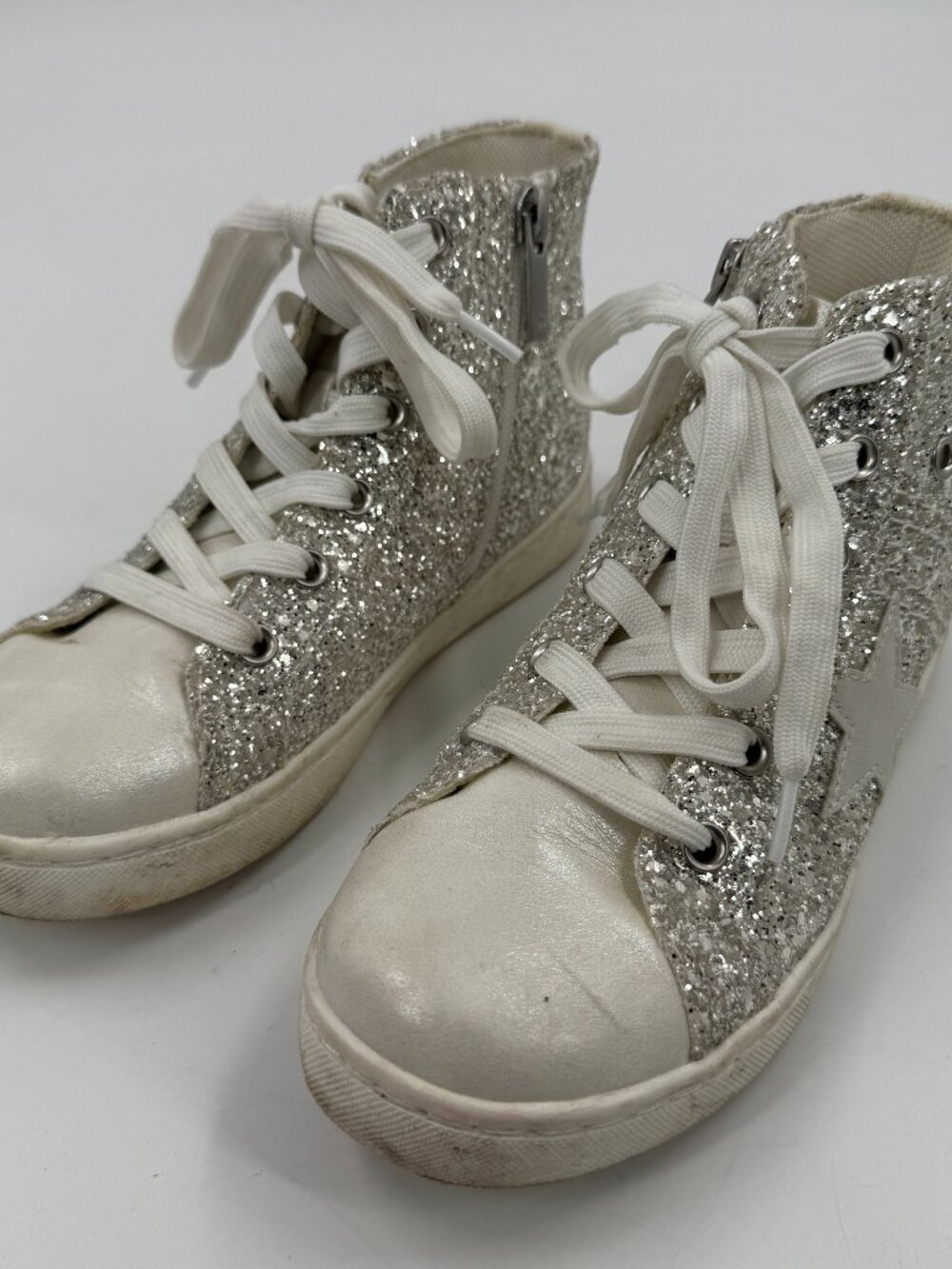 Nina High Top Sneakers Girls Size 1 Silver Glitter Star Side Zip Skater‎ Shoes